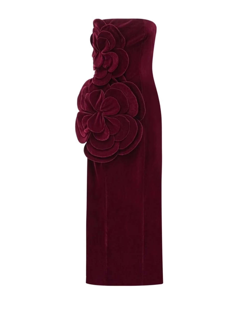 Burgundy Strapless Velvet Midi Dress with Floral Appliqué